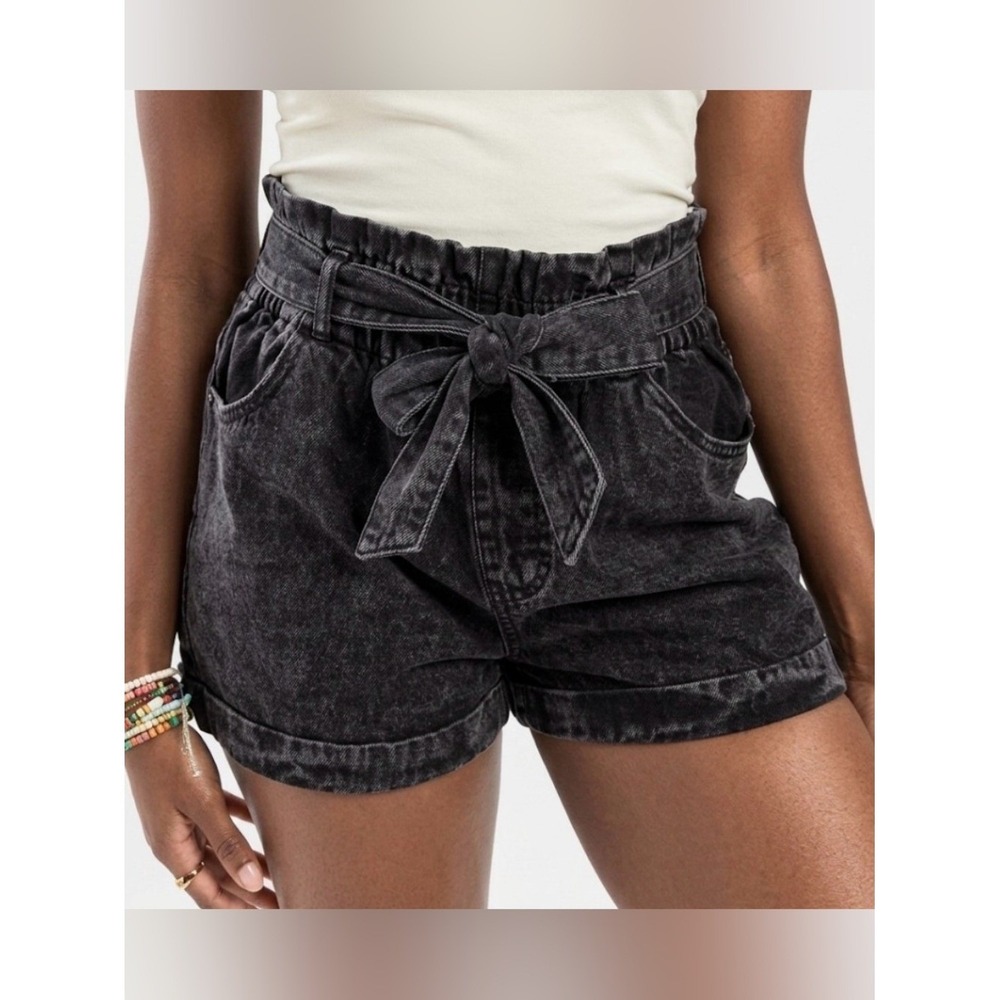 TGLA Black Acid Wash Paperbag Denim Shorts Tie Waist High Rise